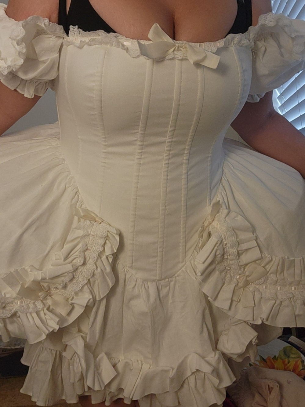 Selkie Ivory XXXL Mini Dress With Cage, Puff Sleeve, And Corseted Bodice